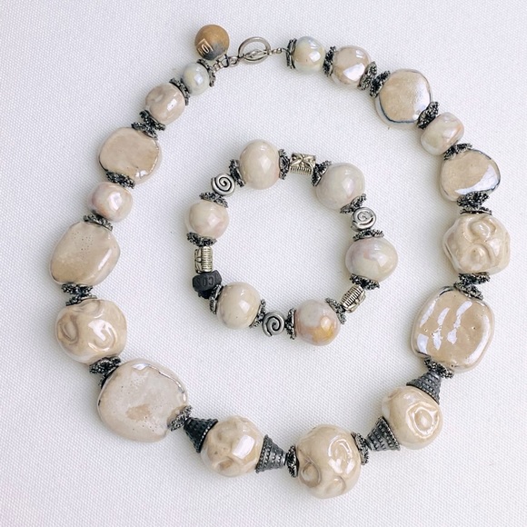 Vintage Statement Necklace - big glazed irregular beads with matching Bracelet - Picture 3 of 14